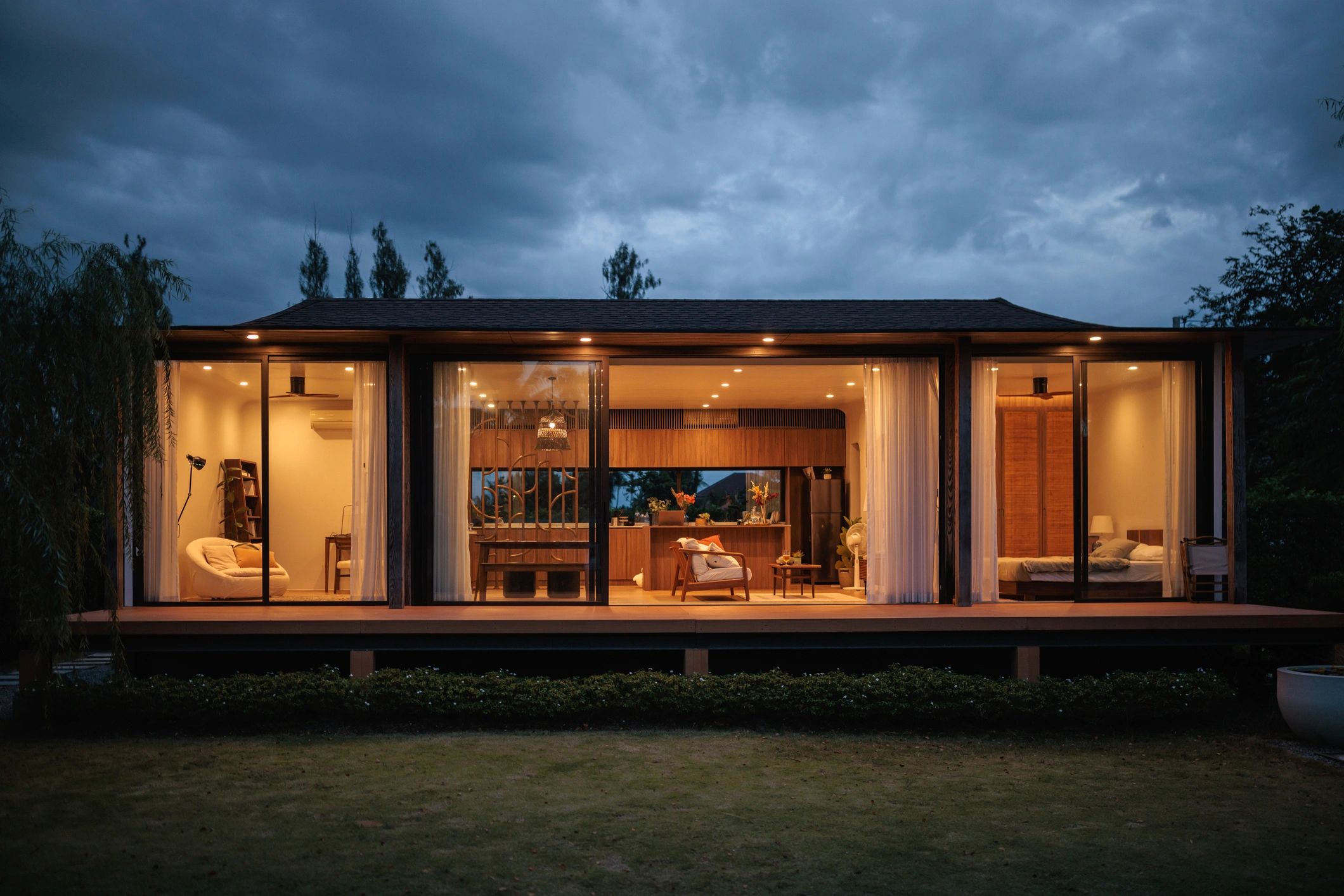 Modern residential architecture exterior at dusk